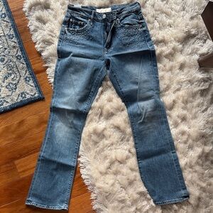 MOTHER Blue Straight Leg Jeans with Stud Details